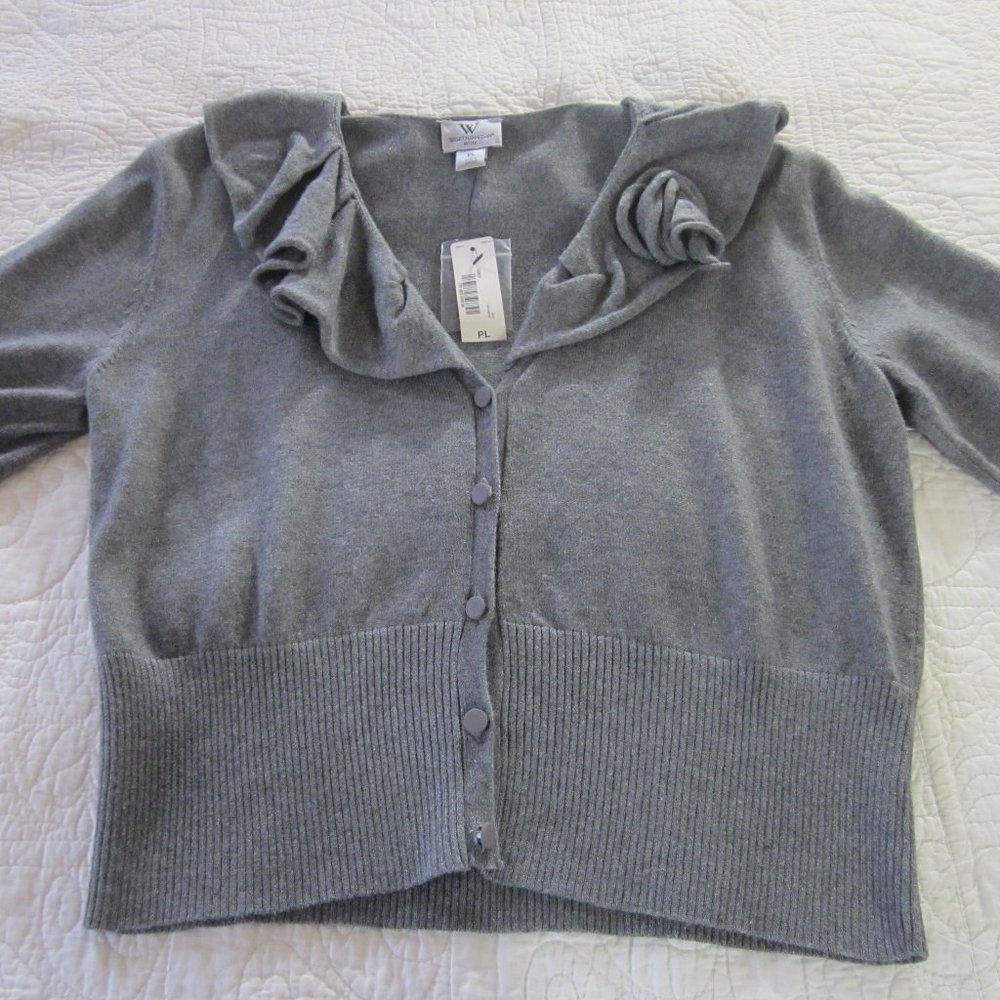 Worthington Sweater LP Gray Cardigan Rose Ruffle Collar